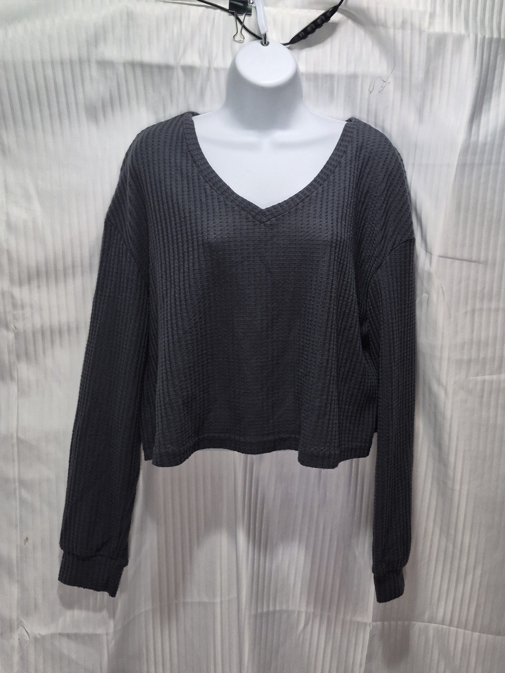 V-Neck Waffle Knit Long Sleeve Top - Charcoal Shein Size Large